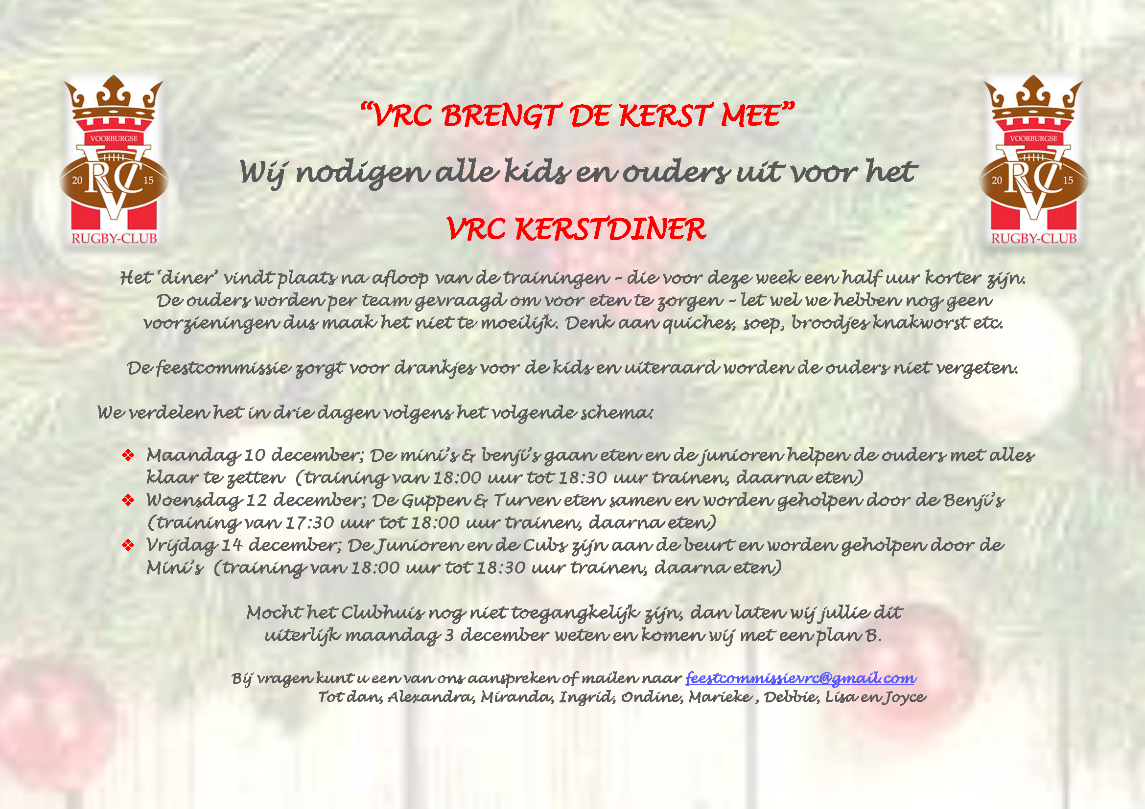 LET OP: GEWIJZIGD: Kerstdiners voor alle teams